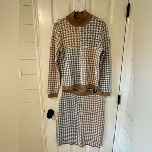 Calvin Klein Brown and Gray Houndstooth Knit Sweater Set
